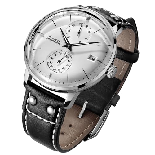 FEICE Men's Automatic Watch Mechanical Watch Stainless Steel Leather Band Watches Analog Curved Mirror Brushed Finish Casual Dress Watches for Men #FM212 (White) - Image 1