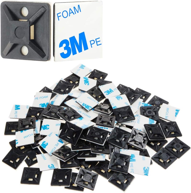 XHF 100 PCS 3/4" Black Self Adhesive Cable Zip Tie Mounts Wire Cable Clips Holders Management Anchors Organizer Holders Squares(HS-101S) - Image 1