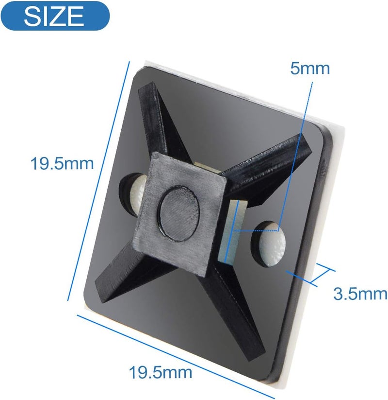 XHF 100 PCS 3/4" Black Self Adhesive Cable Zip Tie Mounts Wire Cable Clips Holders Management Anchors Organizer Holders Squares(HS-101S) - Image 3