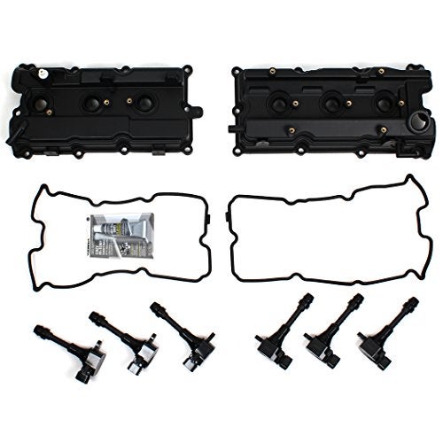 CNS Valve Covers with Gaskets, Spark Plug Tube Seals, and Ignition Coils Compatible with 02-09 Nissan/Infiniti 3.5L 3498CC DOHC V6"VQ35DE" - Image 1