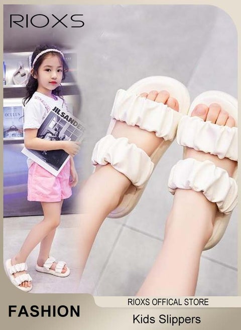 Kids Girls Slippers, Princess Comfy Beach Slippers, Cloud Padded Sandal with Rushed Thick Straps Over the Foot, Girls' Double Straps Slip-ons, Fashion Summer Flat Sandals, Soft Slide Slippers for Girls Outdoor Indoor Wear, Classic White Slippers
