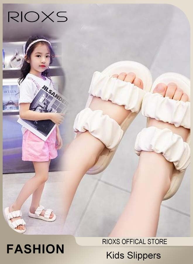 RIOXS Kids Girls Slippers, Princess Comfy Beach Slippers, Cloud Padded Sandal with Rushed Thick Straps Over the Foot, Girls' Double Straps Slip-ons, Fashion Summer Flat Sandals, Soft Slide Slippers for Girls Outdoor Indoor Wear, Classic White Slippers - Image 1