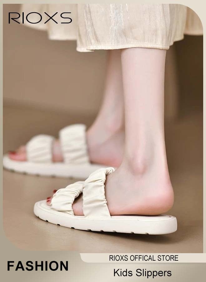 RIOXS Kids Girls Slippers, Princess Comfy Beach Slippers, Cloud Padded Sandal with Rushed Thick Straps Over the Foot, Girls' Double Straps Slip-ons, Fashion Summer Flat Sandals, Soft Slide Slippers for Girls Outdoor Indoor Wear, Classic White Slippers - Image 2