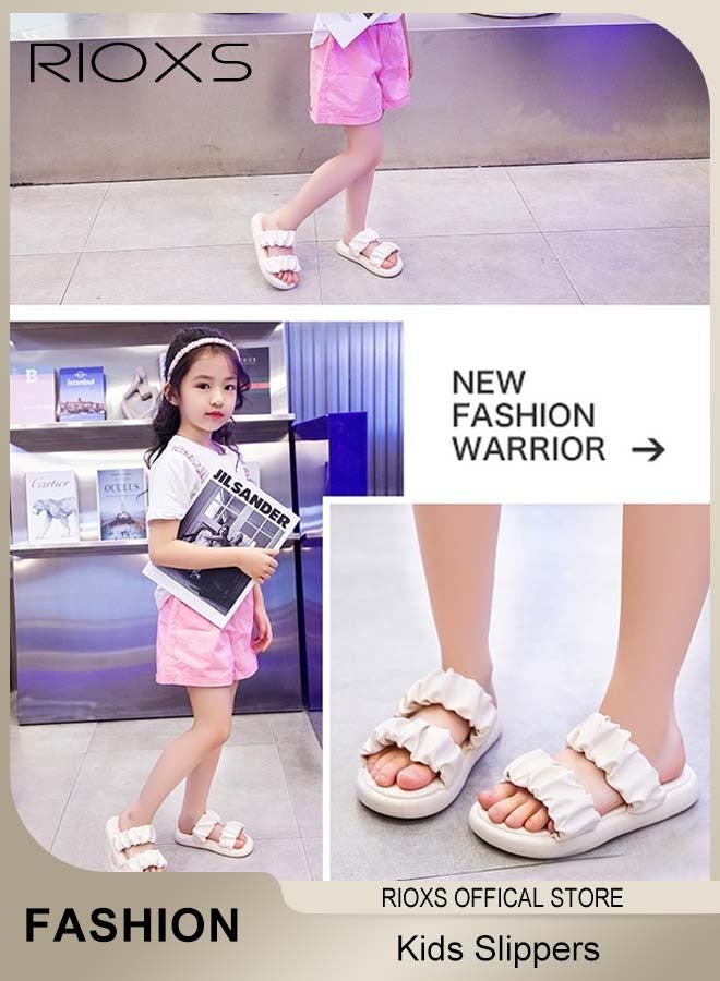RIOXS Kids Girls Slippers, Princess Comfy Beach Slippers, Cloud Padded Sandal with Rushed Thick Straps Over the Foot, Girls' Double Straps Slip-ons, Fashion Summer Flat Sandals, Soft Slide Slippers for Girls Outdoor Indoor Wear, Classic White Slippers - Image 3