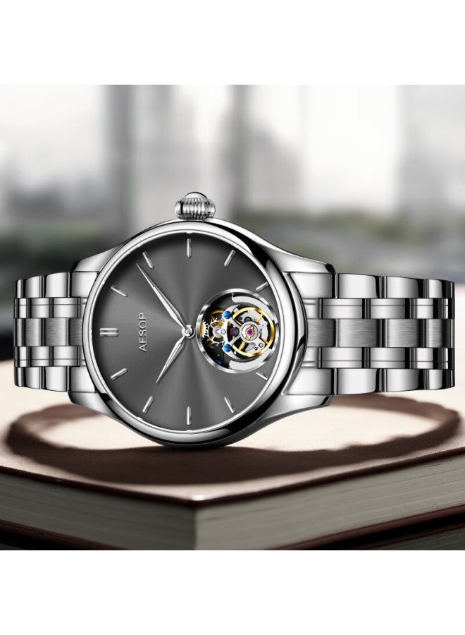 Aesop Tourbillon Skeleton Mechanical Men's Watch Steel Strap Ultra-thin Luminous Waterproof Swiss Quality Luxury Wrisch Gift For Husband - Image 3