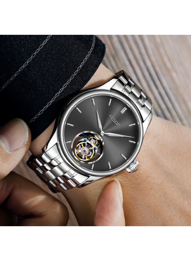 Aesop Tourbillon Skeleton Mechanical Men's Watch Steel Strap Ultra-thin Luminous Waterproof Swiss Quality Luxury Wrisch Gift For Husband - Image 4