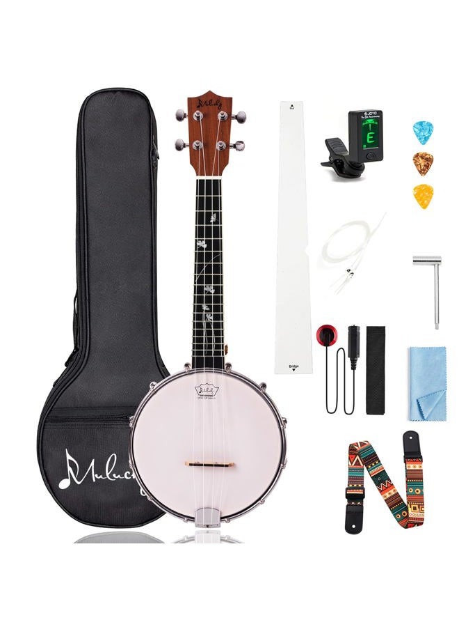 Mulucky Banjolele 4 String Banjo Ukulele Concert Size 23 Inch, Closed Solid Wood Back, Beginner Kit with Truss Rod Gig Bag Tuner String Strap Picks - MBU-806, - Image 1
