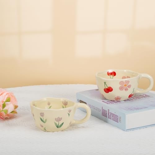 Koythin 2-Pieces Ceramic Coffee Mugs, Creative Cute Flower Cup for Office and Home, 8.5 oz/250 ml Aesthetic Mug for Latte Tea Milk (2 Pink Cherrys) - Image 4
