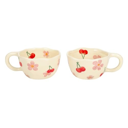 Koythin 2-Pieces Ceramic Coffee Mugs, Creative Cute Flower Cup for Office and Home, 8.5 oz/250 ml Aesthetic Mug for Latte Tea Milk (2 Pink Cherrys) - Image 1