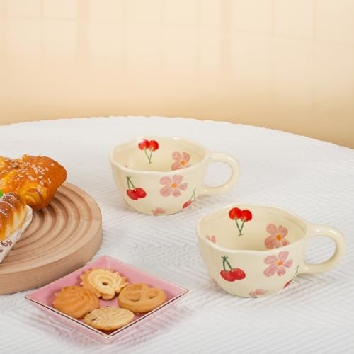 Koythin 2-Pieces Ceramic Coffee Mugs, Creative Cute Flower Cup for Office and Home, 8.5 oz/250 ml Aesthetic Mug for Latte Tea Milk (2 Pink Cherrys) - Image 5