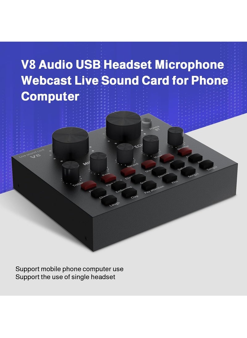 External Sound Card, USB V8 Live External Sound Mixer Board, Voice Changer Sound Card with Multiple Sound Effects for Live Recording Home KTV Voice Chat (V8) - Image 2