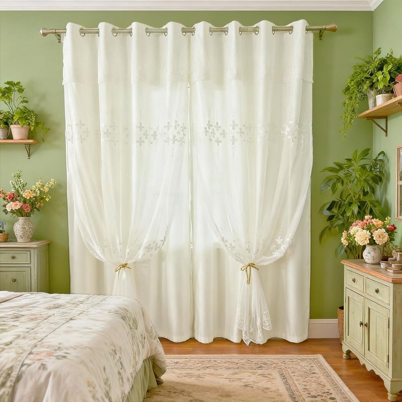 Amidoudou 2 Panels Double Layer Curtains with Valances, Flower Shaped Embroidered Window Treatments for Living Room & Bedroom, Beige 54x84 Inch - Image 1