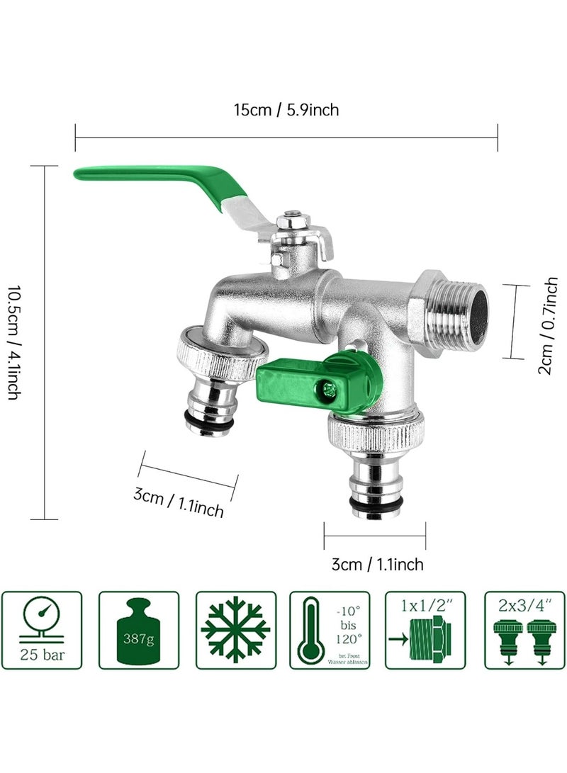Double Garden Tap with 1/2 inch Silver/Brass Water Faucet and 2X3/4 inch Outlet Double Tap Ball Valve Outside Faucet Double Outdoor Tap (Green) - Image 5