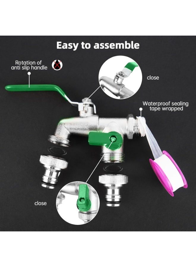 Double Garden Tap with 1/2 inch Silver/Brass Water Faucet and 2X3/4 inch Outlet Double Tap Ball Valve Outside Faucet Double Outdoor Tap (Green) - Image 4
