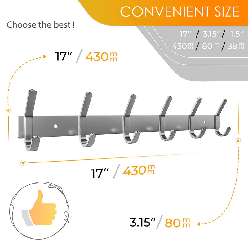 SAYONEYES Coat Rack Wall Mount â€“ Brushed Nickel 17 Inch Stainless Steel Hook Rail with 6 Heavy Duty Double Coat Hooks â€“ Wall Mounted Coat Hanger for Entryway, Bathroom, Bedroom, Towel, Hat Organizer - Image 2
