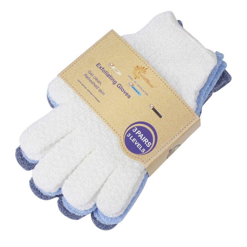 Evridwear Exfoliating Glove for Shower Man and Women Dual Texture Bath Body Scrub Gloves Dead Skin Cell Remover forHome Spa Massagewith Hanging Loop 3 Pairs