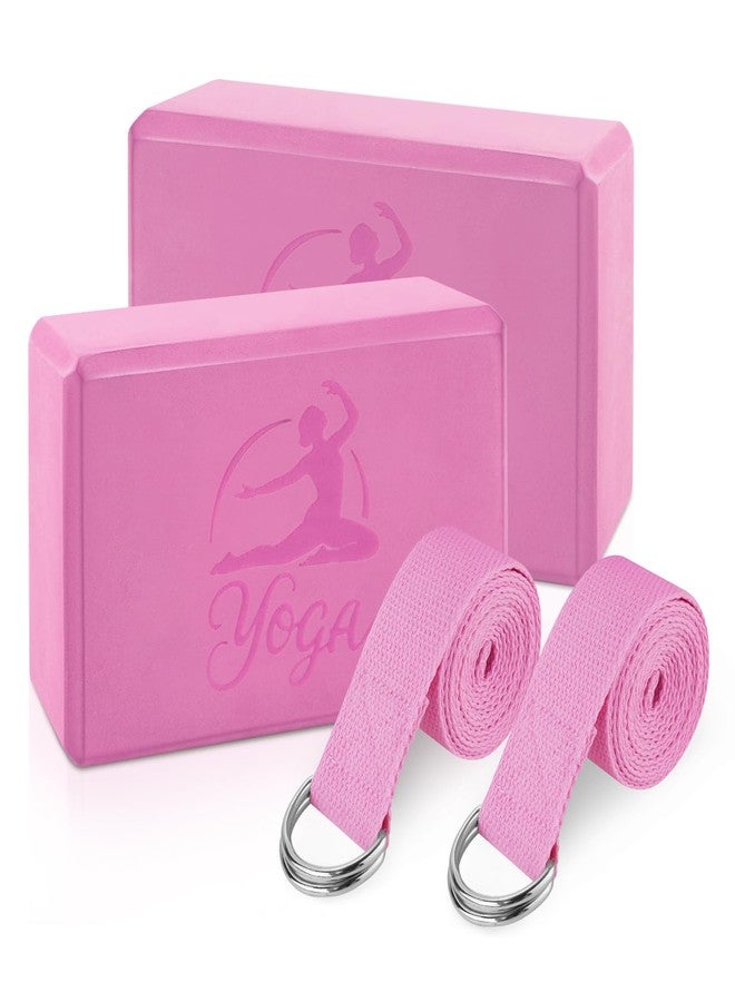 RETON Yoga Blocks Set, High - Density Yoga Block with 2 Strap, Lightweight Foam Brick Yoga Pilates Blocks, Anti-Slip Yoga Brick with Embossed Design for Posture Adjustment and Movement Assistance (Pink) - Image 1