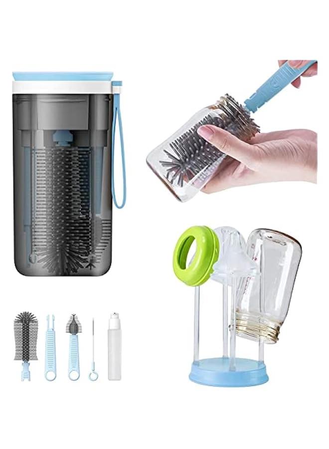 MOXO Blue Baby Bottle Cleaning Set with Extendable Silic Brush Nipple Cleaner Magnetic Drying Rack Straw Cleaning Brush Soap Dispenser Warmer - Image 1