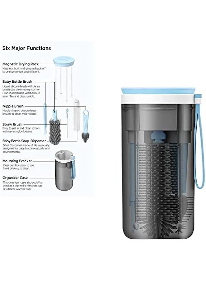 MOXO Blue Baby Bottle Cleaning Set with Extendable Silic Brush Nipple Cleaner Magnetic Drying Rack Straw Cleaning Brush Soap Dispenser Warmer - Image 5