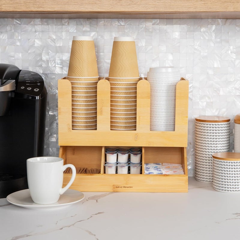 Mind Reader 6 Compartment Bamboo Coffee Condiment and Cup Storage Organizer, Brown - Image 4