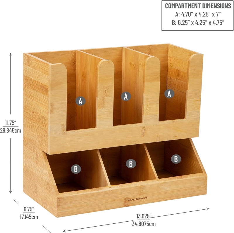 Mind Reader 6 Compartment Bamboo Coffee Condiment and Cup Storage Organizer, Brown - Image 2