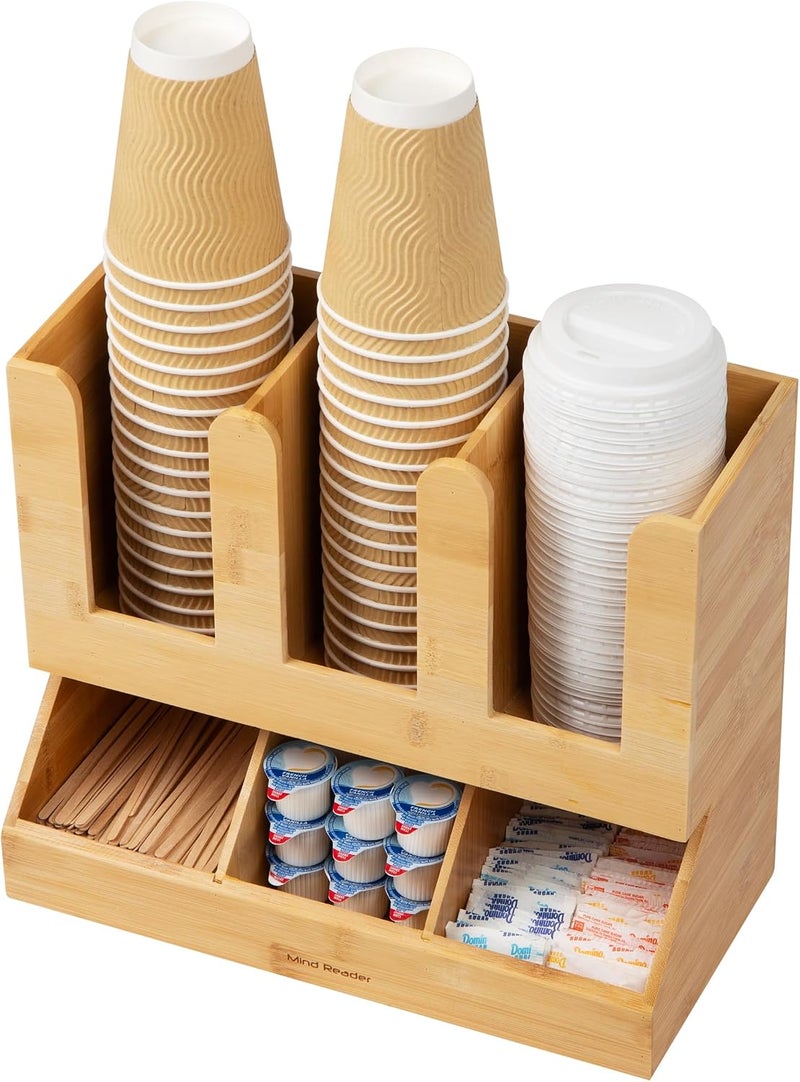 Mind Reader 6 Compartment Bamboo Coffee Condiment and Cup Storage Organizer, Brown - Image 1