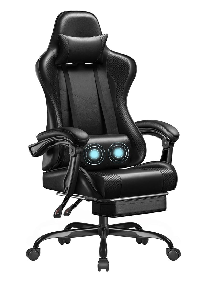 Mahmayi Mahmayi Gaming Office Chair PC Chair with Massage Lumbar Support, Racing Style Faux Leather High Back Adjustable Swivel Task Chair with Footrest - Black - Image 1