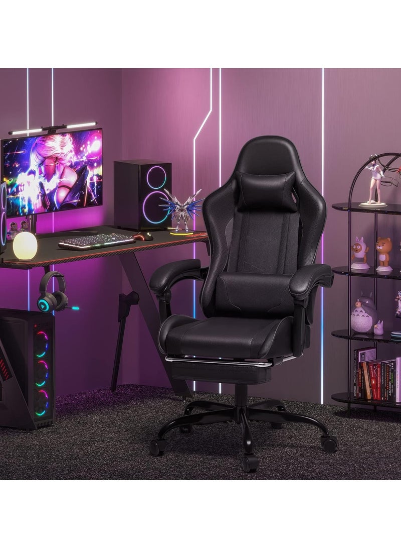 Mahmayi Mahmayi Gaming Office Chair PC Chair with Massage Lumbar Support, Racing Style Faux Leather High Back Adjustable Swivel Task Chair with Footrest - Black - Image 2