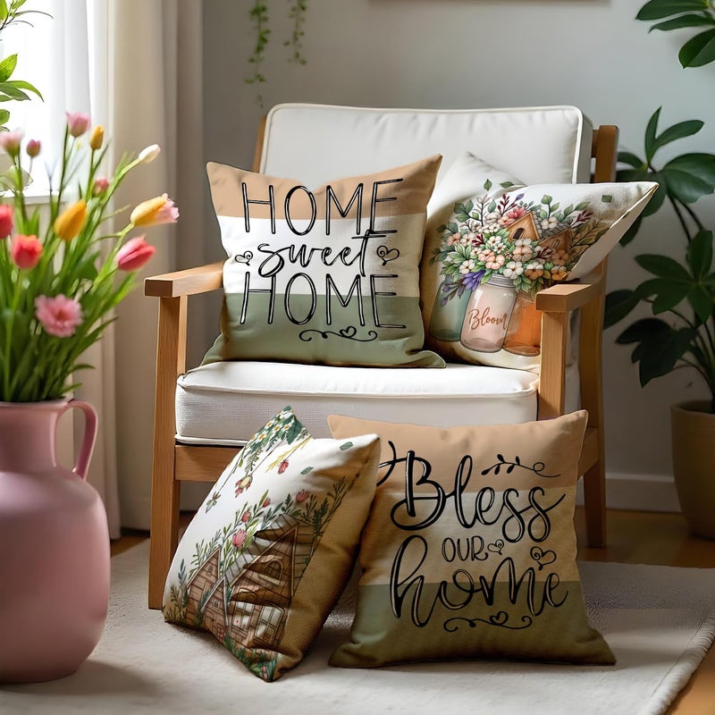F Finerease Farmhouse Throw Pillow Cover Flower Vase - 18 x 18 House Garden Pillow Cushion Case - 4 Pack Linen Vase Pillow Cushion Cover, Great for Couch Chair Yard Living RoomHome Decor(Colourful-02, 18"x18") - Image 5