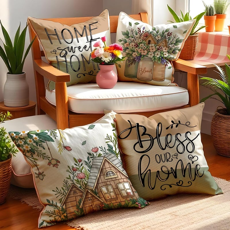 F Finerease Farmhouse Throw Pillow Cover Flower Vase - 18 x 18 House Garden Pillow Cushion Case - 4 Pack Linen Vase Pillow Cushion Cover, Great for Couch Chair Yard Living RoomHome Decor(Colourful-02, 18"x18") - Image 4