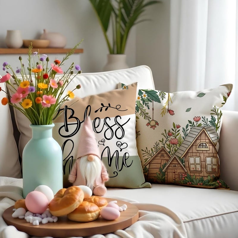 F Finerease Farmhouse Throw Pillow Cover Flower Vase - 18 x 18 House Garden Pillow Cushion Case - 4 Pack Linen Vase Pillow Cushion Cover, Great for Couch Chair Yard Living RoomHome Decor(Colourful-02, 18"x18") - Image 3