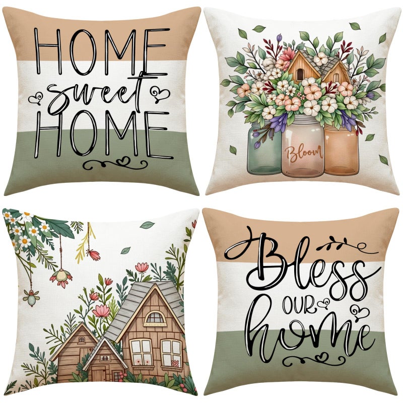 F Finerease Farmhouse Throw Pillow Cover Flower Vase - 18 x 18 House Garden Pillow Cushion Case - 4 Pack Linen Vase Pillow Cushion Cover, Great for Couch Chair Yard Living RoomHome Decor(Colourful-02, 18"x18") - Image 1