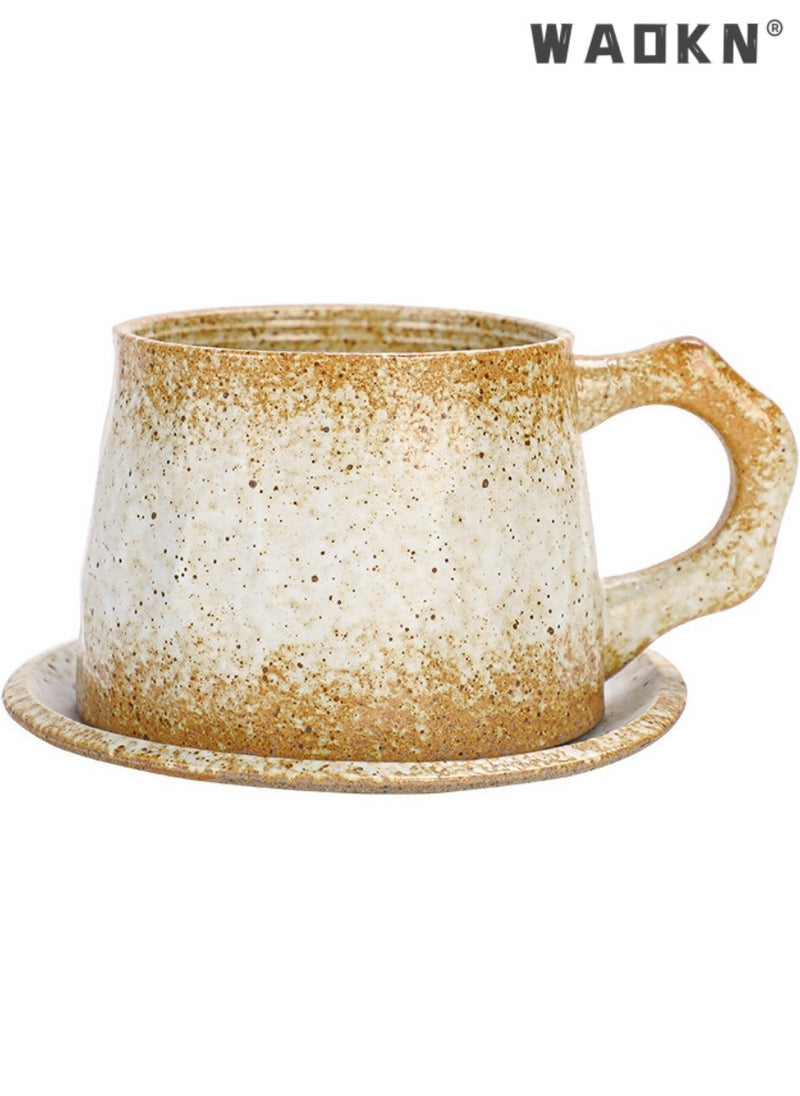 WAOKN Retro Ceramic Coffee Cup and Saucer Set Large Capacity Simple Mug, Retro Design 300ml Ceramic Latte Art Cappuccino Barista Cup with Saucer (Brown)  - Image 1