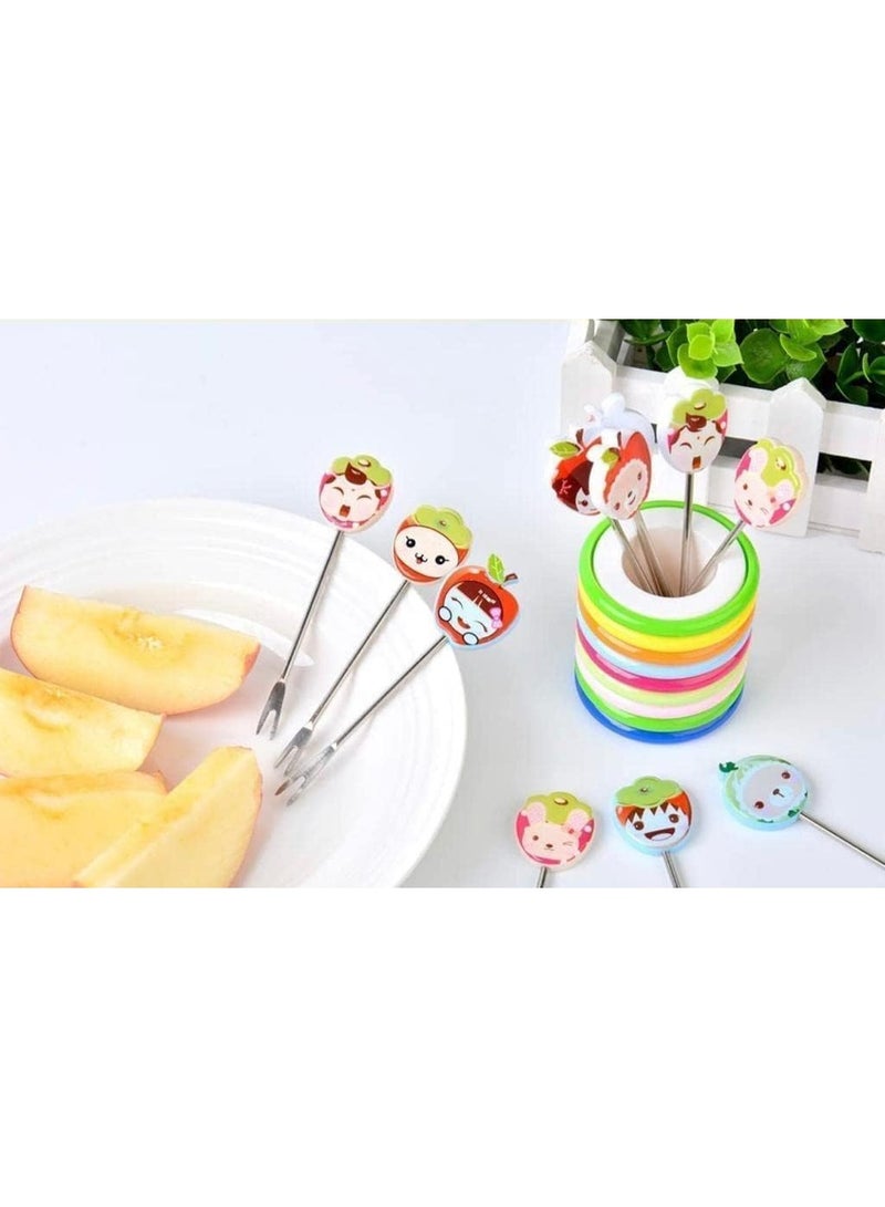 6 Pcs Cartoon Shape Fruit Fork Set with Stand – Stainless Steel Dessert & Snack Forks with Round Holder – Cute Multi-Colored Reusable Picks for Kids & Adults - Image 4