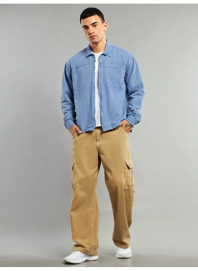 Beyoung Blue Overdyed Zipper Shacket