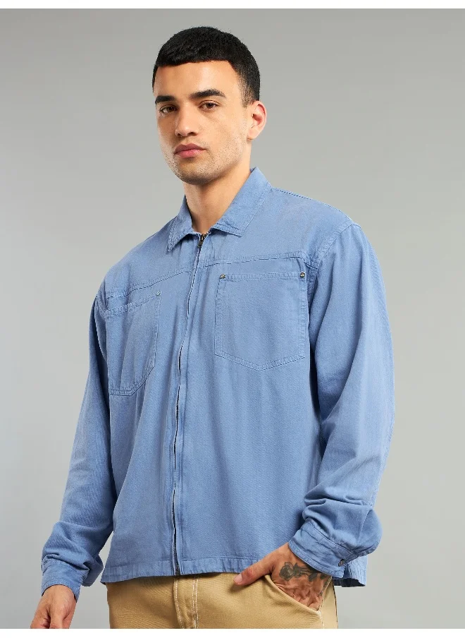 Beyoung Blue Overdyed Zipper Shacket