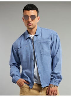 Beyoung Blue Overdyed Zipper Shacket  - Image 3