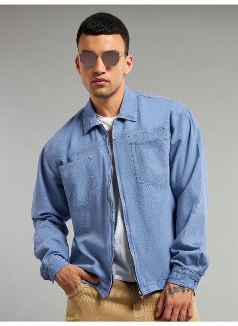 Blue Overdyed Zipper Shacket