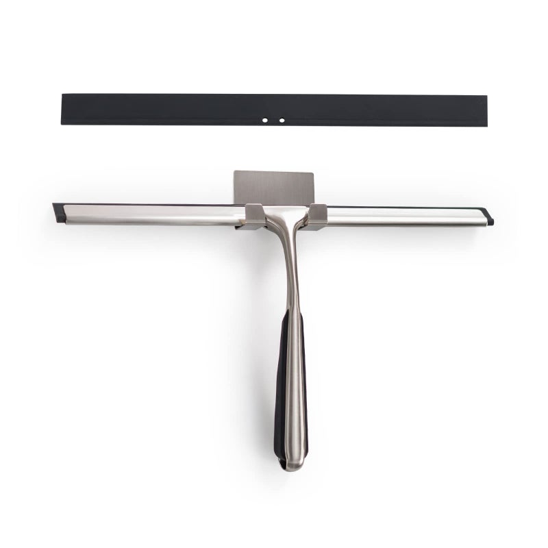 Shower SqueegeeStainless Steel Shower Screen Wiper with Wall Mounted Adhesive Hook for BathroomMirrorWindow and Glass CleaningInclude 1 Replacement Silicone Blade12 Brushed Nickel