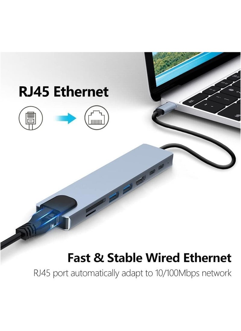 SMART SOURCE - Type-C To HDTV 8 in 1 USB Hub Multiport Adapter with 4K HDMI, PD Power Delivery, USB-C, Ethernet, 2 USB, SD/TF Card Reader Compatible with Mac Book Pro XPS and More Type C Devices - Image 1