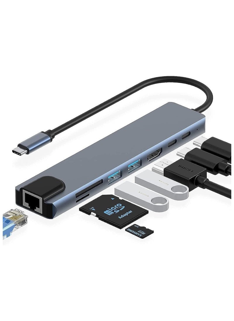 SMART SOURCE Type-C To HDTV 8 in 1 USB Hub Multiport Adapter with 4K HDMI, PD Power Delivery, USB-C, Ethernet, 2 USB, SD/TF Card Reader Compatible with Mac Book Pro XPS and More Type C Devices  - Image 1