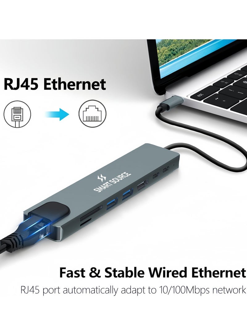 SMART SOURCE Type-C To HDTV 8 in 1 USB Hub Multiport Adapter with 4K HDMI, PD Power Delivery, USB-C, Ethernet, 2 USB, SD/TF Card Reader Compatible with Mac Book Pro XPS and More Type C Devices - Image 5