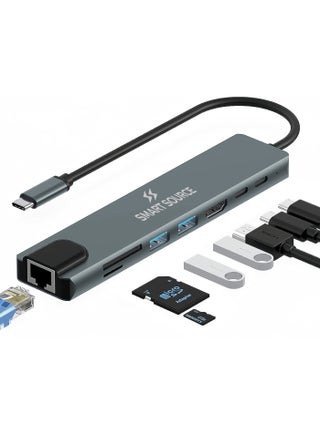 SMART SOURCE 8-in-1 USB-C Multiport Hub Type-C Adapter with 4K HDMI, 100Mbps Ethernet LAN, 3× USB Ports, SD/TF Card Reader & PD Fast Charging – USB-C Docking Station for MacBook, Laptop, iPad, Windows & Android Devices