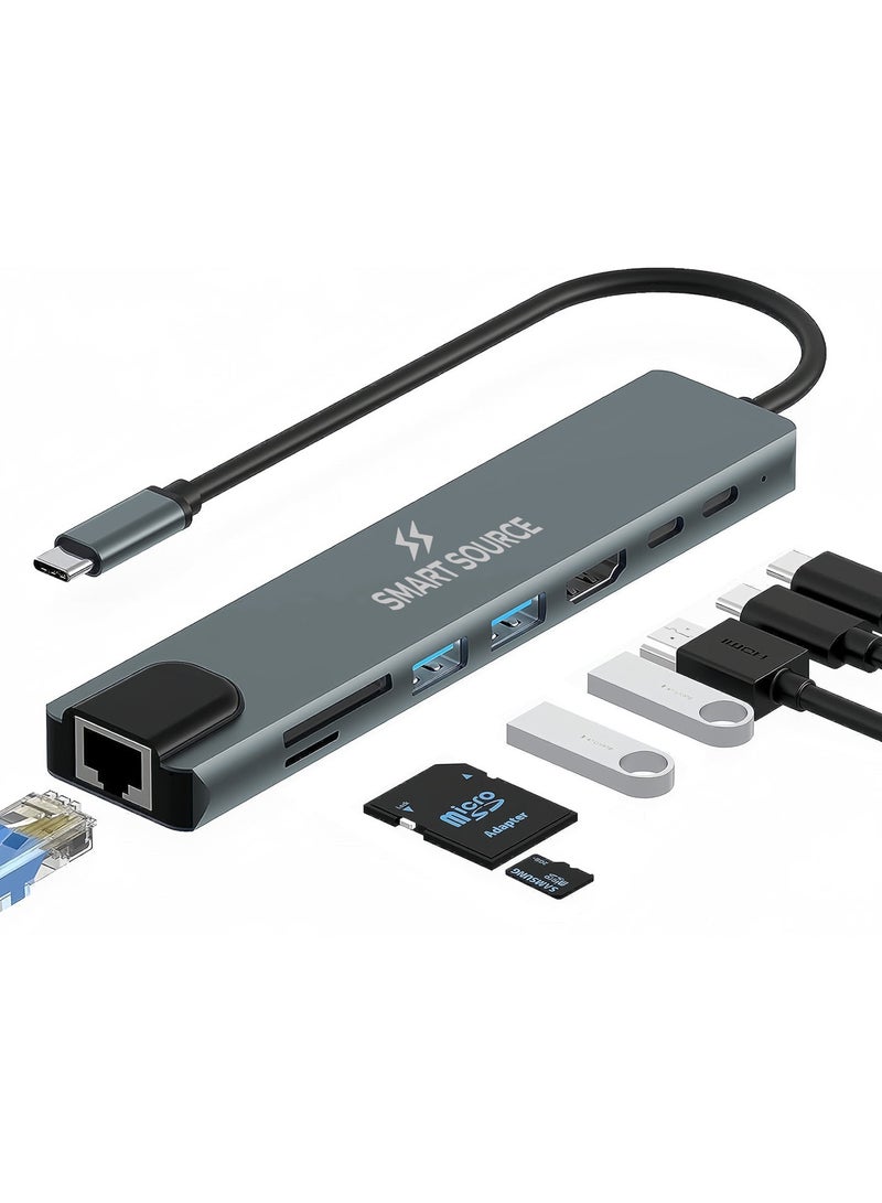 SMART SOURCE Type-C To HDTV 8 in 1 USB Hub Multiport Adapter with 4K HDMI, PD Power Delivery, USB-C, Ethernet, 2 USB, SD/TF Card Reader Compatible with Mac Book Pro XPS and More Type C Devices - Image 1