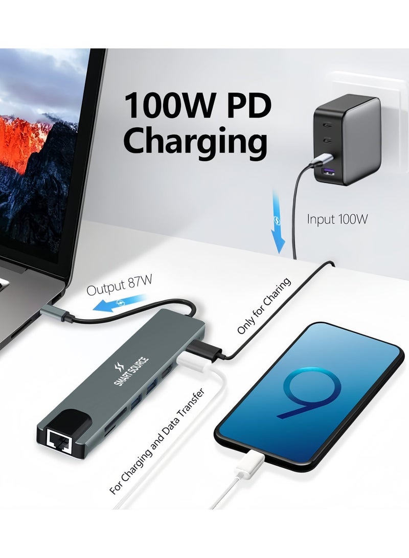 SMART SOURCE Type-C To HDTV 8 in 1 USB Hub Multiport Adapter with 4K HDMI, PD Power Delivery, USB-C, Ethernet, 2 USB, SD/TF Card Reader Compatible with Mac Book Pro XPS and More Type C Devices - Image 3