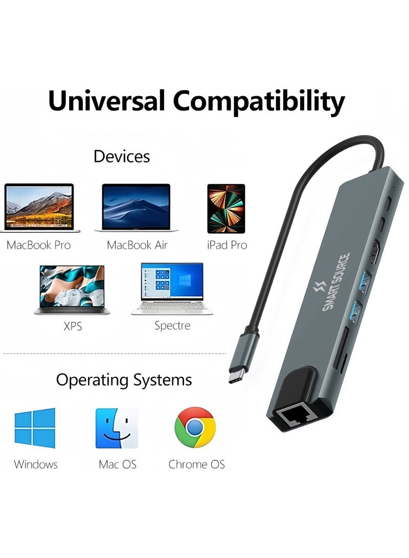 SMART SOURCE Type-C To HDTV 8 in 1 USB Hub Multiport Adapter with 4K HDMI, PD Power Delivery, USB-C, Ethernet, 2 USB, SD/TF Card Reader Compatible with Mac Book Pro XPS and More Type C Devices - Image 2