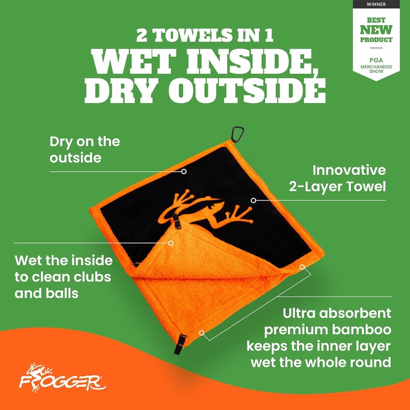 Frogger Amphibian 2-in-1 Golf Towel with Wet and Dry Technology, Green, Premium Golf Bag Accessory with Carabiner Clip, Ultra Absorbent, for Golf Dads - Image 2