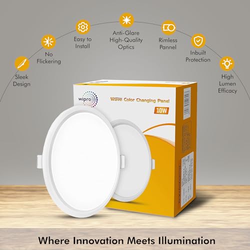 wipro ABS Garnet 10W Wave CCT RoundPanel, Colour Changing Ceiling Lights, LED Panel Light with Rimless Sleek Design, Recessed Downlighter for False Ceiling, 150x150mm, Pack of 1, White - Image 3