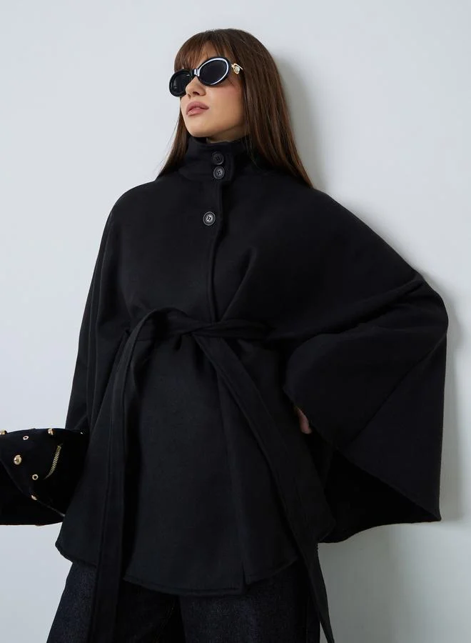 Styli Black Oversized Longline Wool-Like Cape Jacket