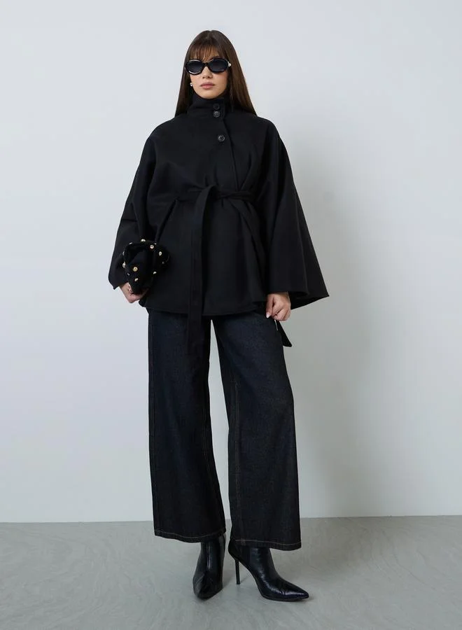 Styli Black Oversized Longline Wool-Like Cape Jacket